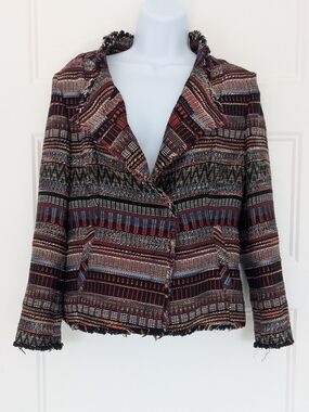 RIANI Textured Tweed Blazer Jacket Size 4 Fringe Trim Multicolor Designer